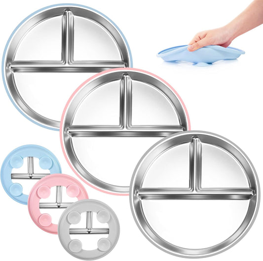 Bella's Friends Stainless Steel Toddler Plates Silicone Suction,3 Packs Non-Slip Baby Plates,Divided Portion,Food-Grade Silicone Plate for Kids,LEAD-FREE Dishwasher Safe,Grey Mint Green Pink