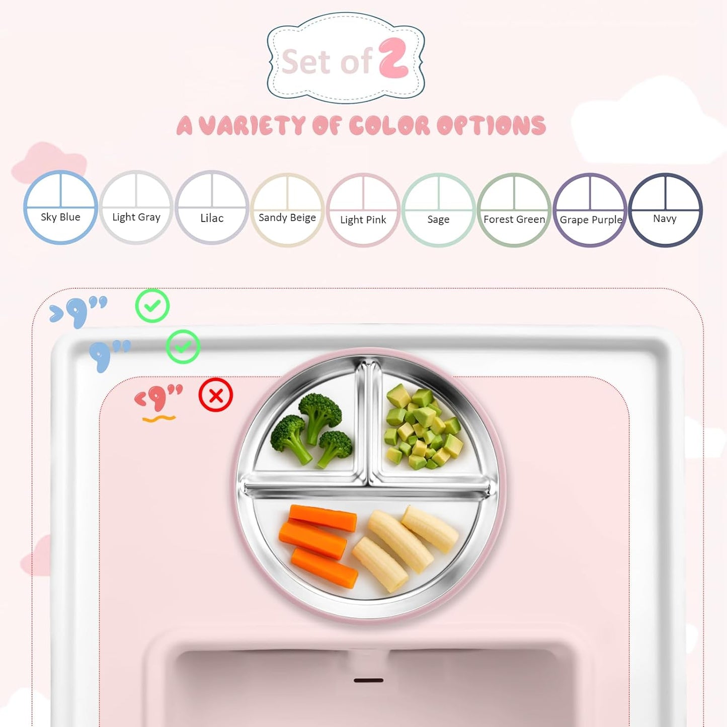 Stainless Steel Baby Plate with Suction, 9” Divided Toddler Plates with Removable Silicone Sleeves for Kids, Non-Toxic Non-Slip Unbreakable Dishwasher Safe Dinnerware Set of 2, Pink & Lilac