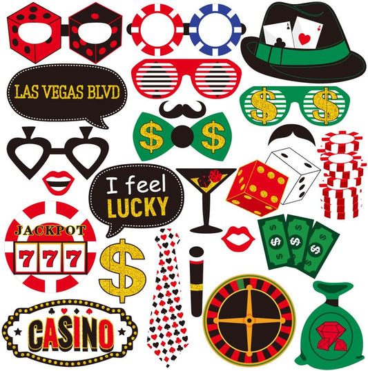 Casino Photo Booth Props, Tumwisk 24PCS Casino Theme Party Decorations, Vegas Themed Selfie Props with Stick for Texas Hold'em 777 Party, Funny Game Night Photography Props