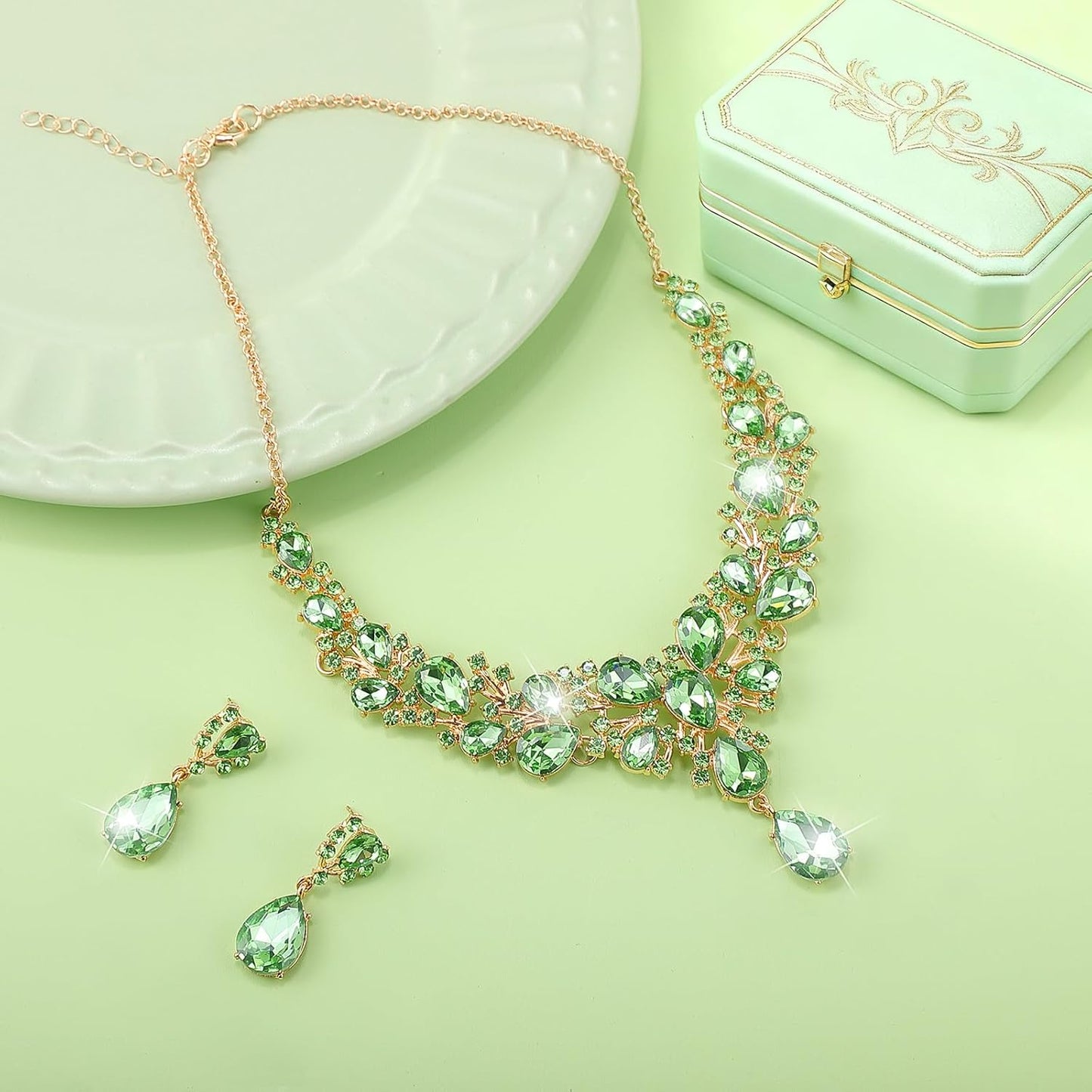 Hicarer Bridal Teardrop Cluster Crystal Jewelry Set for Women Necklace Earrings Wedding