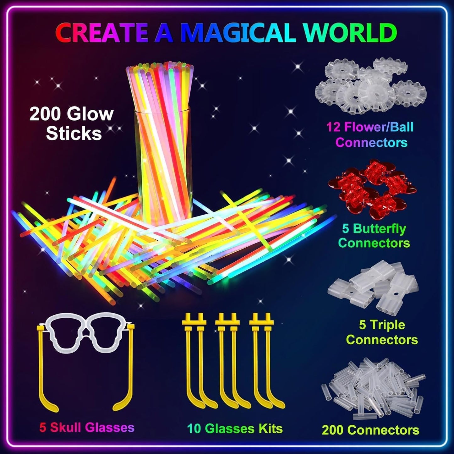 BUDI 467Pcs Glow Sticks Christmas Party Favors New Year Eve Party Supplies for Kids Adult Glow in the Dark 4th of July Accessories Neon Decors Glowsticks Bulk 8 Colors 8" with Connectors for Parties