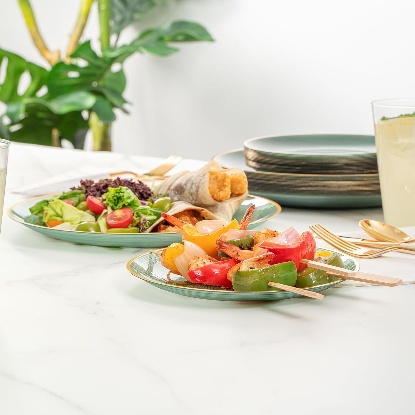 Restaurantware Plastic Plates 200 Pcs 7.13" and 10" Combo Gold Rimmed Plate Set Disposable Heavy-Duty Green Translucent Rippled Plastic Dinner Servers for Party, Weddings, Salads, Desserts