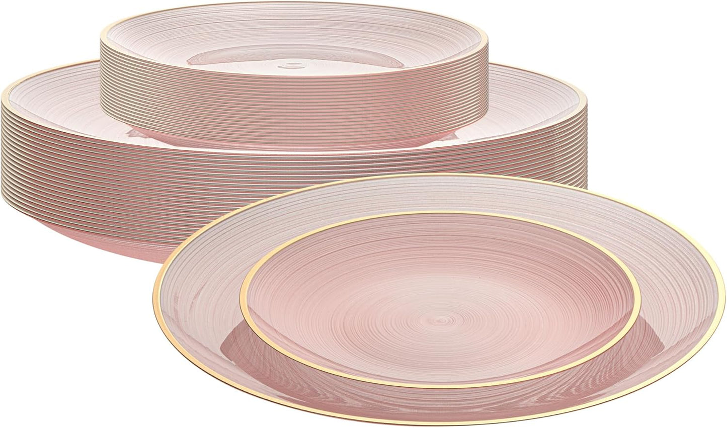 Restaurantware Plastic Plates 200 Pcs 7.13" and 10" Combo Gold Rimmed Plate Set Disposable Heavy-Duty Pink Translucent Rippled Plastic Dinner Servers for Party, Weddings, Salads, Desserts