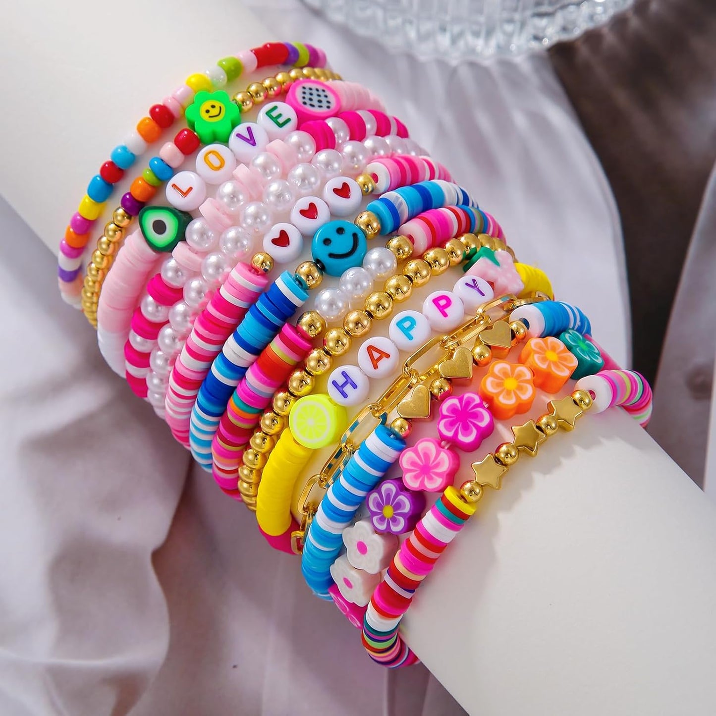 Friendship Bracelets Boho Stackable Bracelets for Women Surfer Heishi Clay Bead Bracelets Stretch Preppy Bracelets Colorful Boho Bracelets for Women