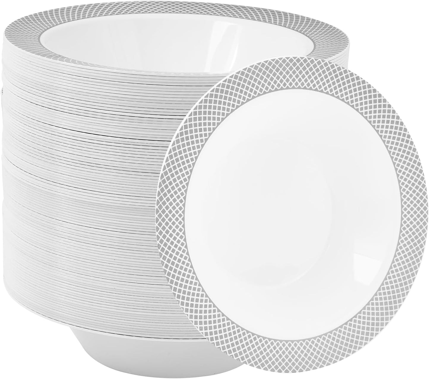 JOLLY CHEF 100 Pack Plastic Bowls with Silver Rim, 12 oz Disposable Soup Bowls, Heavy Duty Dessert Bowls for Weddings, Parties, Dinners, Catering, Thanksgiving and Everyday Use