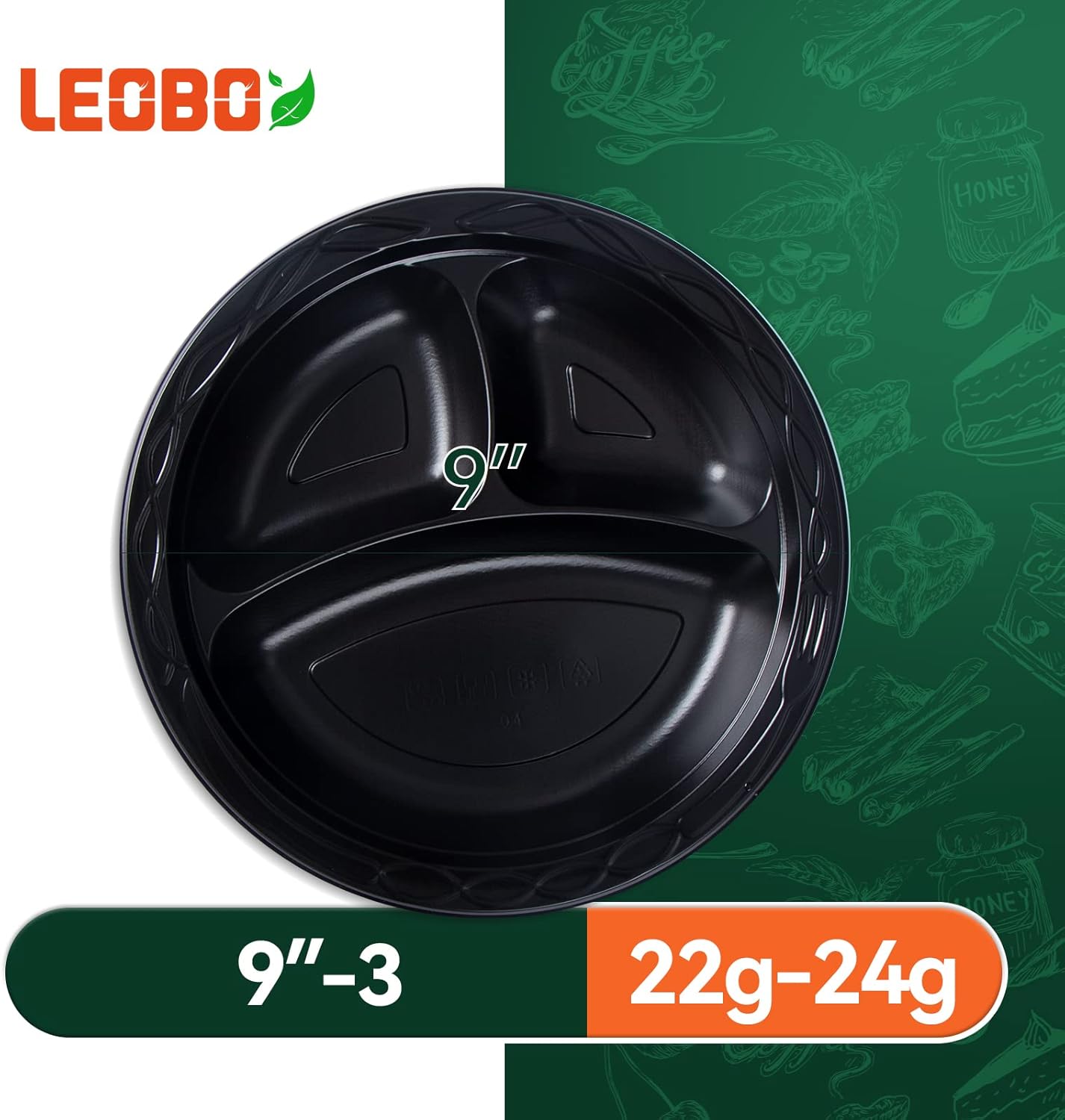 Plastic Plates Mineral Filled PP 9" - 150 Pack Shrink Wrap BPA Free Dinner Tray | Dishwasher & Microwave Safe | 3 Compartment Heavy Duty Black Reusable & Disposable Plate for Party Catering