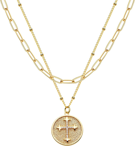 MEVECCO Layered Heart Necklace Pendant Handmade 18k Gold Plated Dainty Gold Choker Arrow Bar Layering Long Necklace for Women