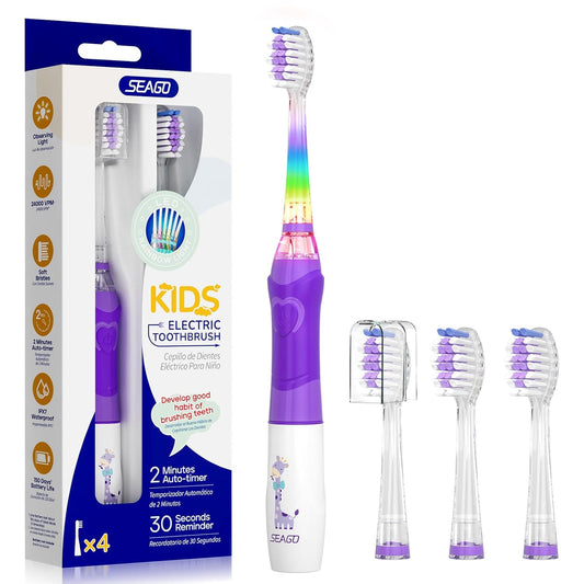 SEAGO Kids Electric Toothbrush with 2 Mins Brushing Timer and 4 Replacement Bursh Heads,Rainbow LED Light Make Brushing Fun, Purple Color Girls Battery Powerd Toothbrush for 4-12 Years Old，SG-977