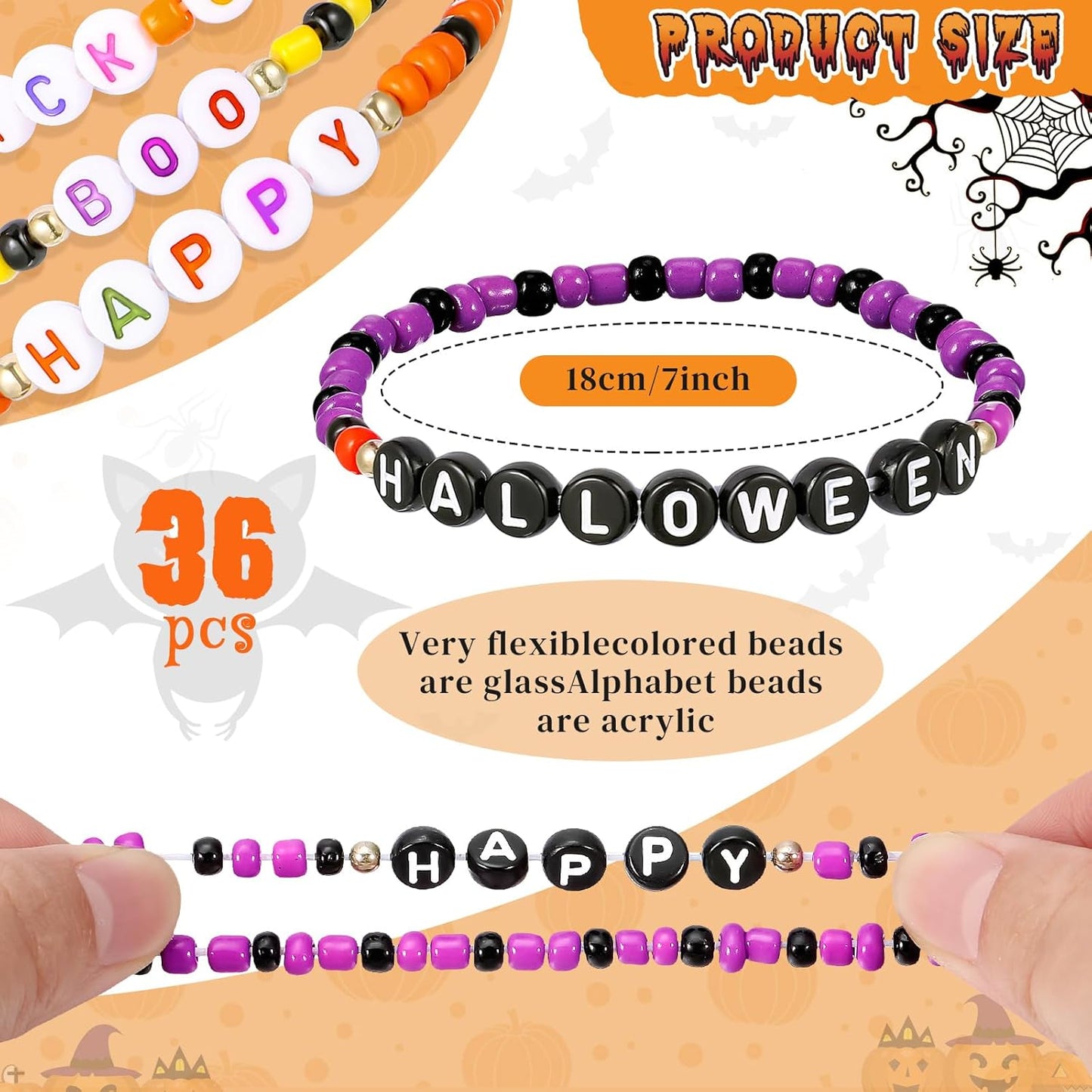 Cunno 36 Pcs Kids Friendship Bracelets for Girls Women Beads Bracelets Surfer Stretch Beaded Cute Colorful jewelry for Birthday Goodie Bag Stuffers Fillers School Gifts Party Favors(Spooky Style)