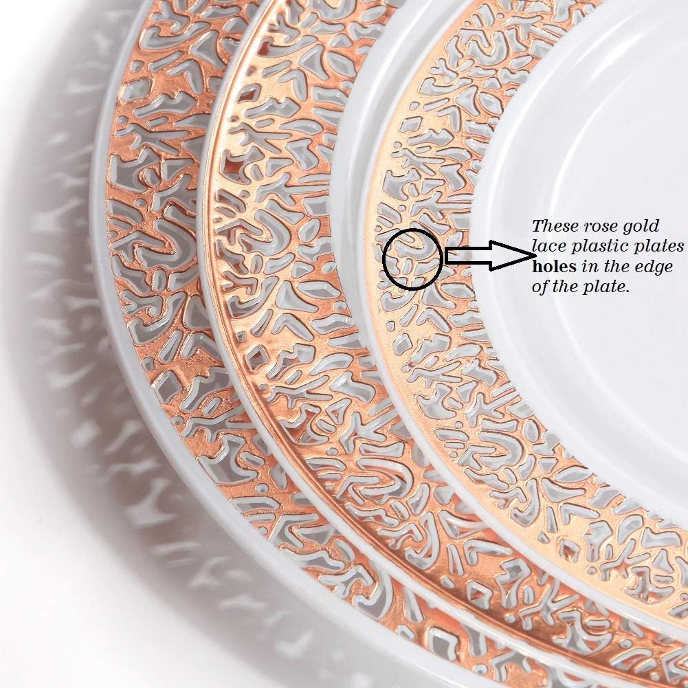 WDF 200 Pieces Rose Gold Dessert Plates with Forks, 100Pcs Lace Design Cake Small Rose Gold Appetizer Plates 7.5" and 100 Pcs Forks 7.4" for Wedding/Party