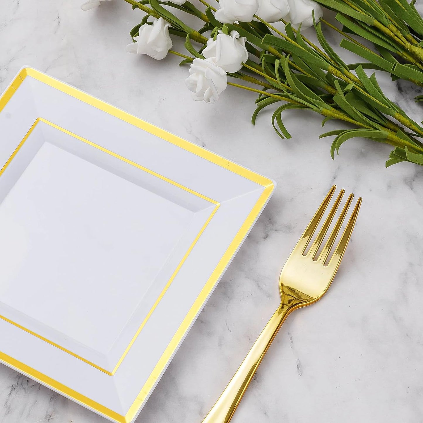 Goodluck 240PCS 6.5" Square Gold Dessert Plastic Plates with 7.4" Forks, Gold Appetizer Plates for 120 Guests, Including 120 Disposable Cake Plastic Plates and 120 Forks for Wedding/Birthday Party
