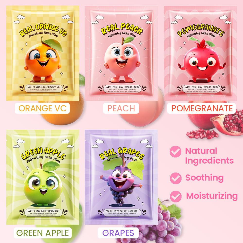 Kaely 10 Pack Fruit Face Masks for Kids, Kids Face Mask Spa Day Kit Supplies, Spa Party Favors for Teens Girls Women, Sheet Facial Mask Skincare Gifts Set, Moisturize Soothe for All Skin Types, 01