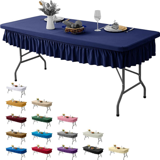 4ft Navy Blue Stretch Tablecloth for Rectangular Tables - Flared Wrap Design, Waterproof, Wrinkle-Resistant, Washable - Ideal for Weddings, Parties, Banquets & Table Protection