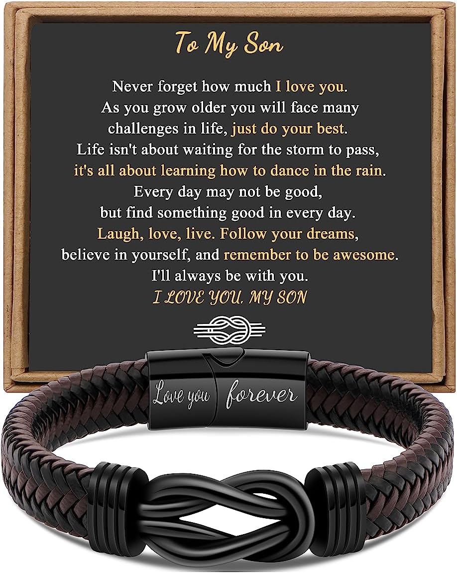 Gift for Men Infinity Bracelet for Men Dad Husband Boyfriend Son Grandson Brother Nephew Uncle Brown Braided Leather Forever Linked Together Stainless Steel Engraved with Love You Forever Jewelry 7.5|8.5|9 Inches