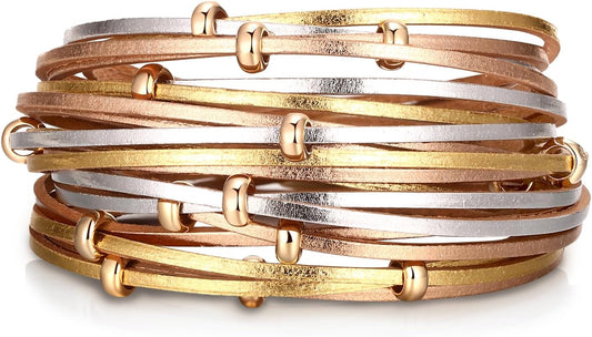 Fesciory Leather Wrap Bracelets for Women, Boho Leopard Multi-Layer Crystal Beads Cuff Bracelet Jewelry