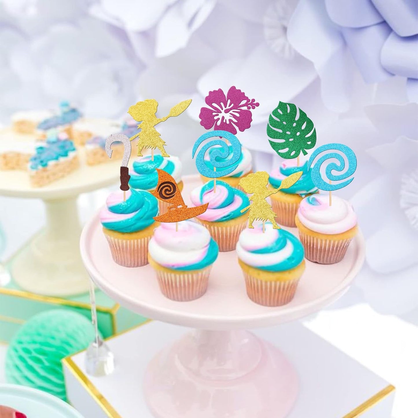 24 PCS Moana Inspired Cupcake Toppers Assembled Glitter Palm Leaf Flower Moana Cupcake Picks for Tropical Hawaiian Luau Theme Baby Shower Birthday Party Cake Decorations Supplies