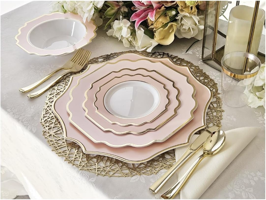 " OCCASIONS " 80 Plates Pack,(40 Guests) Heavyweight Premium Wedding Party Disposable Plastic Plates Set -40 x 10.5'' Dinner + 40 x 8'' Salad/Dessert(Imperial in Blush & Gold)