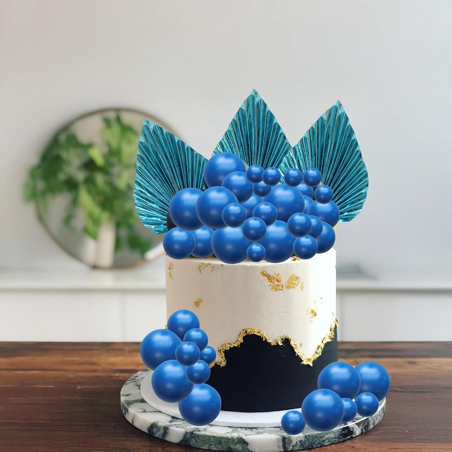 Ephlyn 28Pcs Paper Palm Fan Cake Topper Balls Cake Pick for Baby Shower Wedding Bridal Shower Birthday Party DIY Party Cake Decorations Supplies Dark Blue