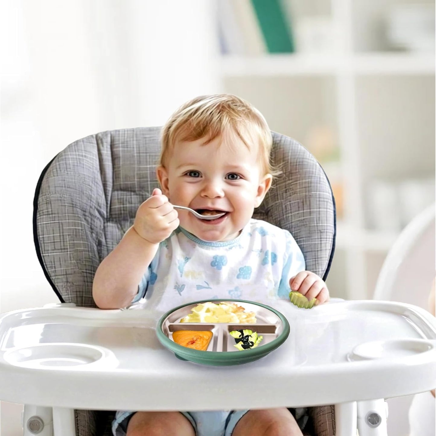 3Pack Stainless Steel Kids Plates, 8.1" Divided Kids Plate with Removable Silicone Suction Sleeves for Baby Highchairs, Non Toxic BPA Free Non-Slip Unbreakable Snack Lunch Plates