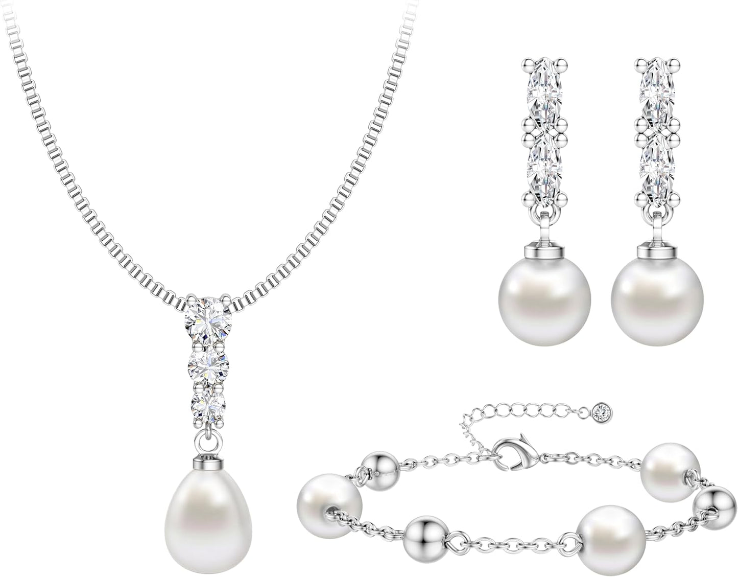 14K Gold Plated Pearl Jewelry Set for Women - 925 Sterling Silver Post Dangle Earrings Dainty Pearl Necklace Bracelet Wedding Jewelry Sets for Bride Bridesmaid CZ Costume Accessories Trendy