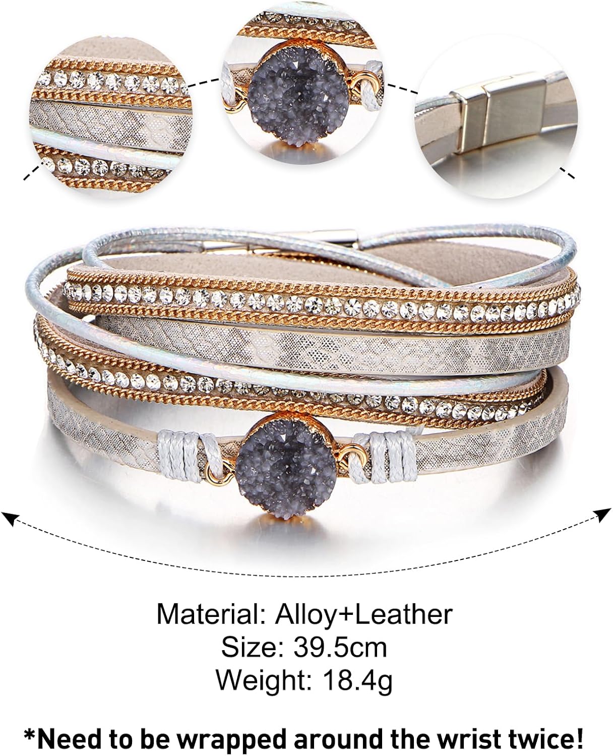 Fesciory Leather Wrap Bracelets for Women, Boho Leopard Multi-Layer Crystal Beads Cuff Bracelet Jewelry