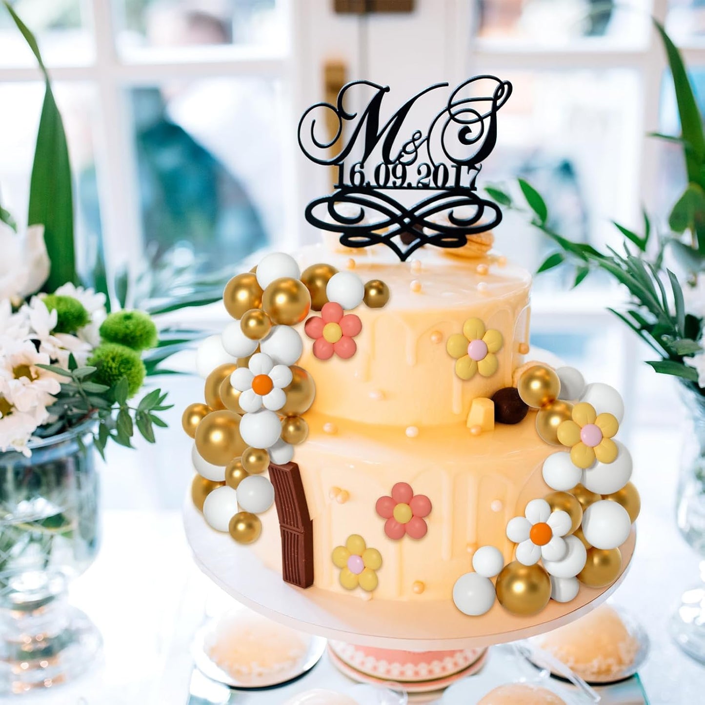 61 Pcs Boho Cake Topper Balls Decorations Mini Balloon Retro Hippie Daisy Flower Acrylic Cake Topper for Birthday Party Wedding Rainbow Baby Shower (White Gold)