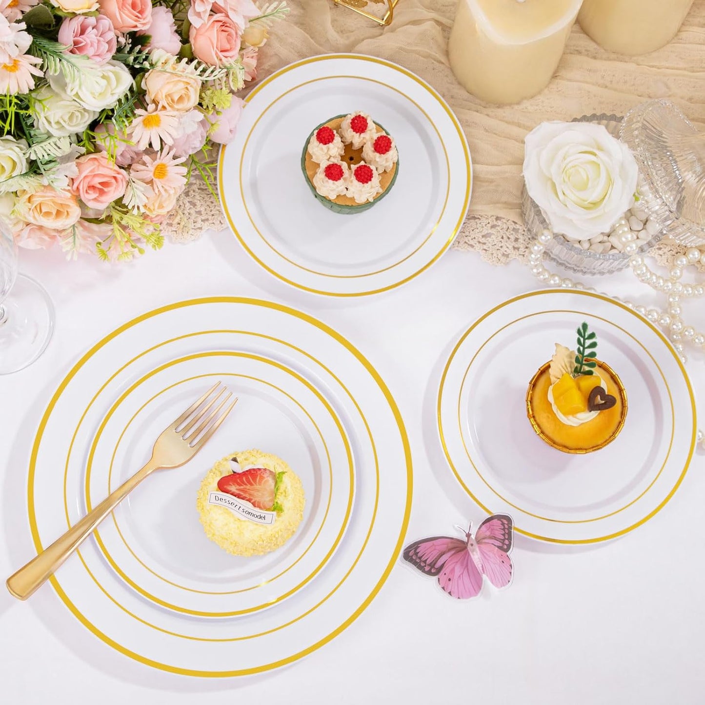 Supernal 102pcs White and Gold Plastic Plates Disaposable Party Plates White Gold Rim Heavy duty, Fancy Gold Plastic Dinnerware Set included 51 Dinner & Dessert Plates for Party,Birthday and Wedding