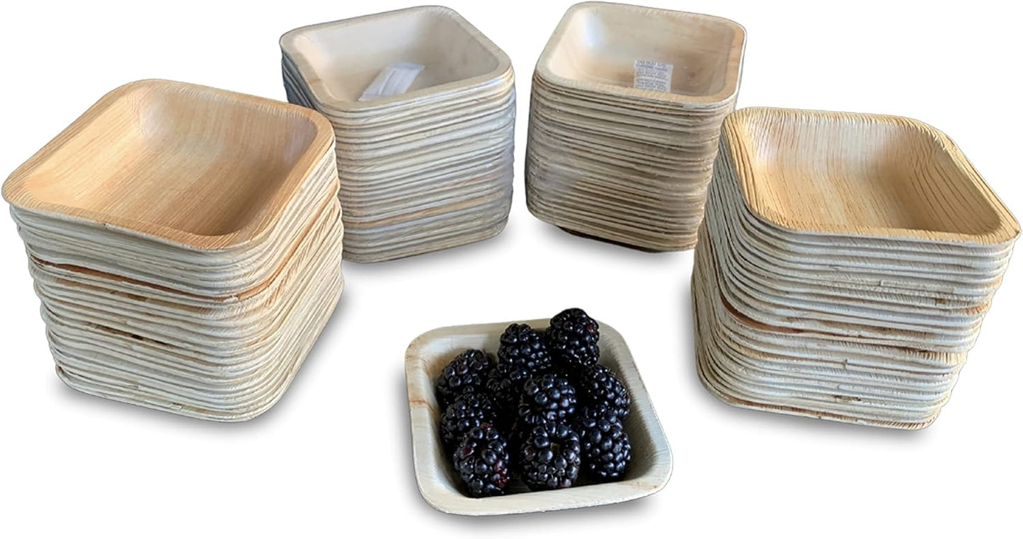 Raj Disposable Palm Leaf Bowls (100 Count, 4" Square Bowls) Strong Bowl Like Bamboo Party Bowl - Decorative Compostable Tableware for Lunch, Dinner, Birthday, Outdoor, BBQ, Picnic.