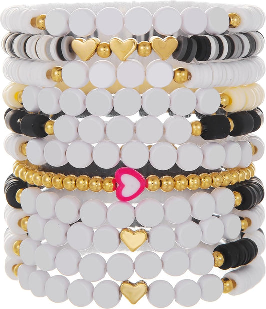 Heishi Surfer Clay Bead Bracelets Set for Women - Preppy Smile Evil Eye Beaded Stretch Bracelets Elastic Layering Friendship Bracelets- Stackable Boho Disc Summer Jewelry Set