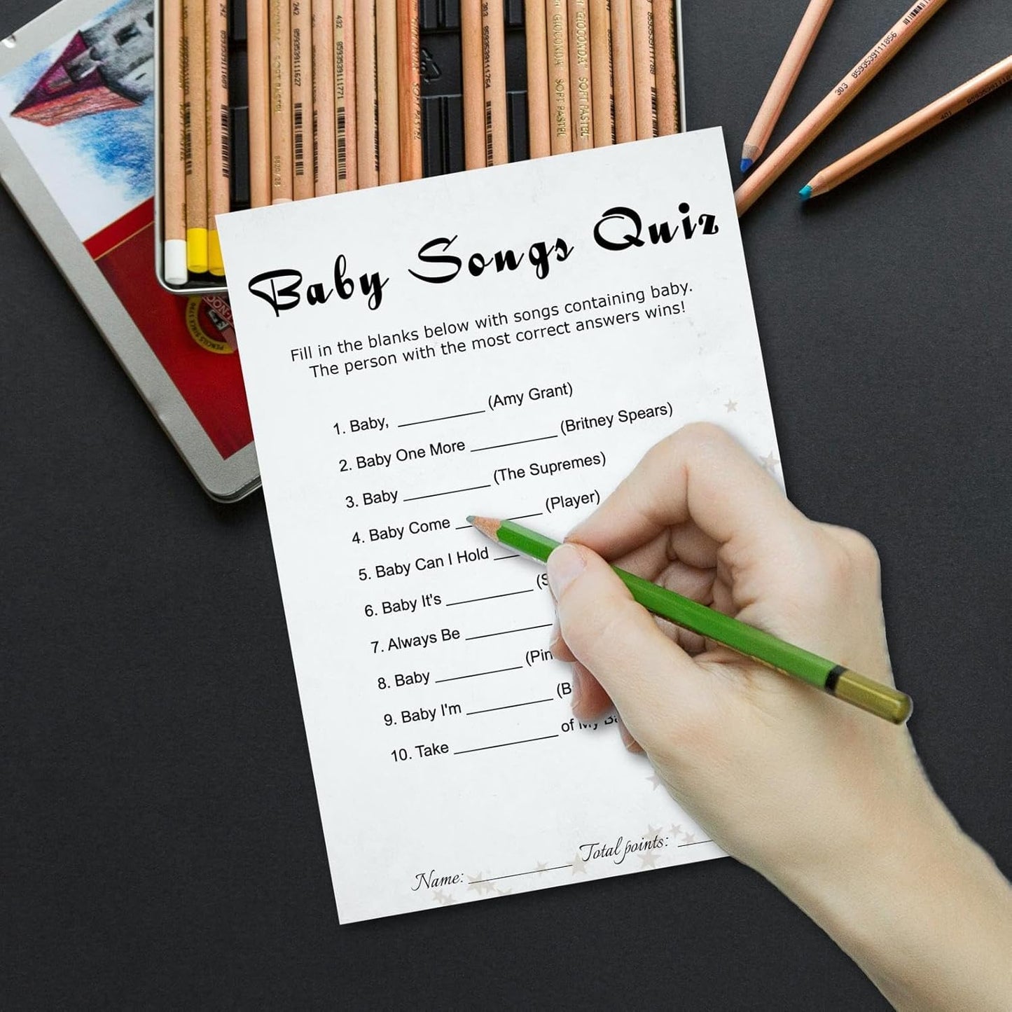 Baby Shower Songs Quiz Trivia Game Cards - 30 Player Minimalist - Party Game Kit - Light Gray, Stars, Ready to Play, Answer Keys Included, 5x7 Inch (Songs Quiz)