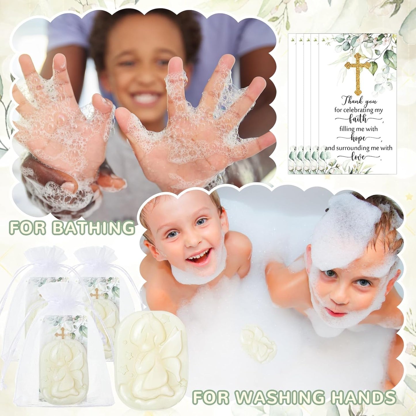 50 Sets Baptism Party Favors for Guests Baptism Soap Bulk Angel Shaped Soap with Thank You Gift Tags and Organza Bags for Religious Christian Christening Communion Wedding Bridal Baby Shower