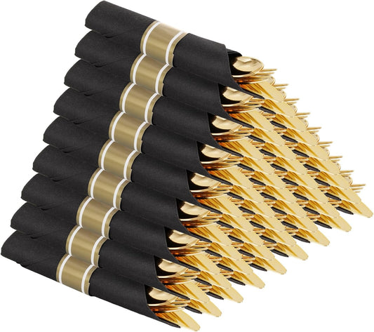 Supernal 30 Pack Pre Rolled Gold Plastic Silverware Set with Napkins, Wrapped Plastic Cutlery Set, Disposable Utensils Includes 30 Forks, 30 Knives, 30 Spoons, 30 Napkins for Party, Wedding