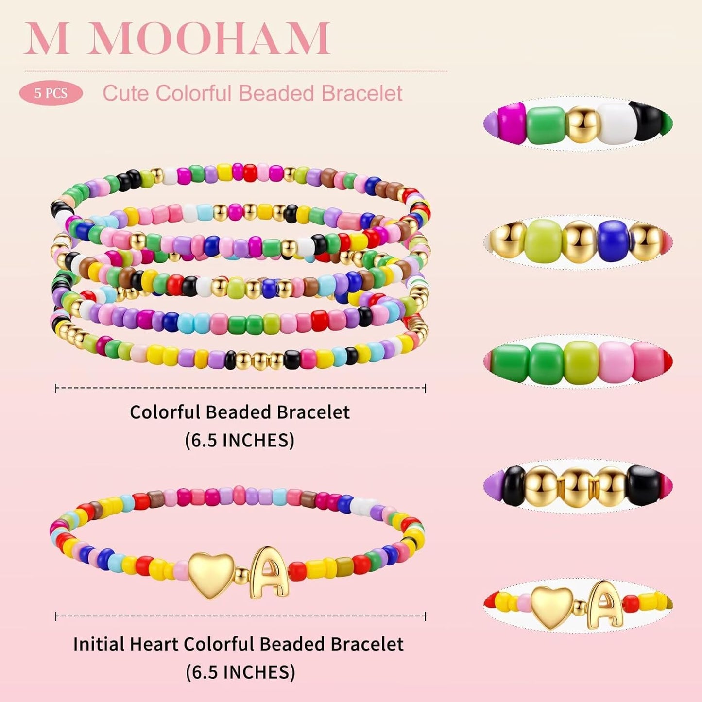 M MOOHAM Stocking Stuffers for Kids Girls Teen - 5PCS Colorful Beaded Initial Bracelets for Women Girls, Cute Stretch Heart Letter Bohemian Stackable Bracelet Birthday Gifts Jewelry for Kids Teen Girl