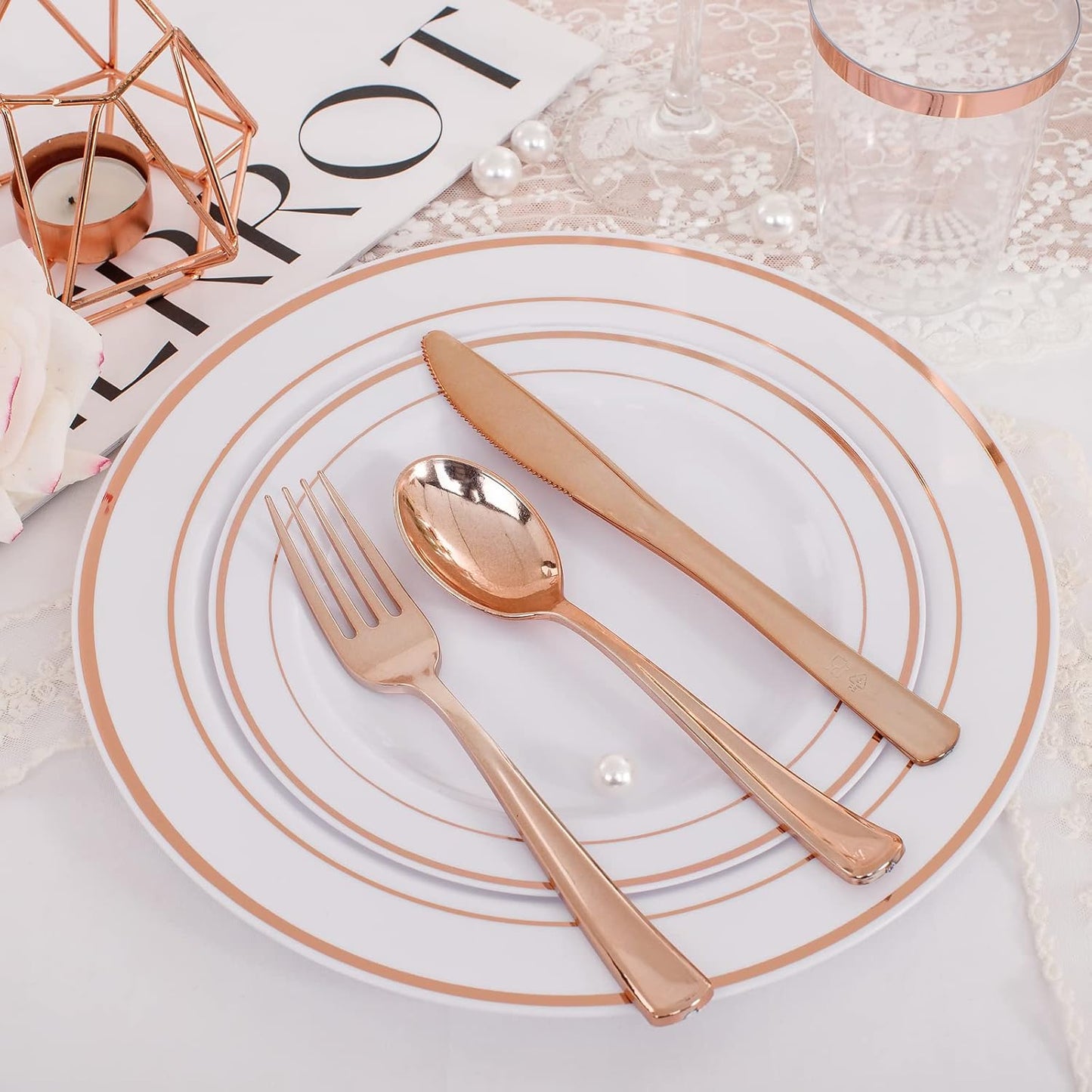 WELLIFE 150 Pcs Rose Gold Plastic Plates with Disposable Rose Gold Cutlery, Includes: 25 Dinner Plate 10.25", 25 Dessert Plates 7.5", 25 Cups 9OZ and 25 Silverware for Wedding