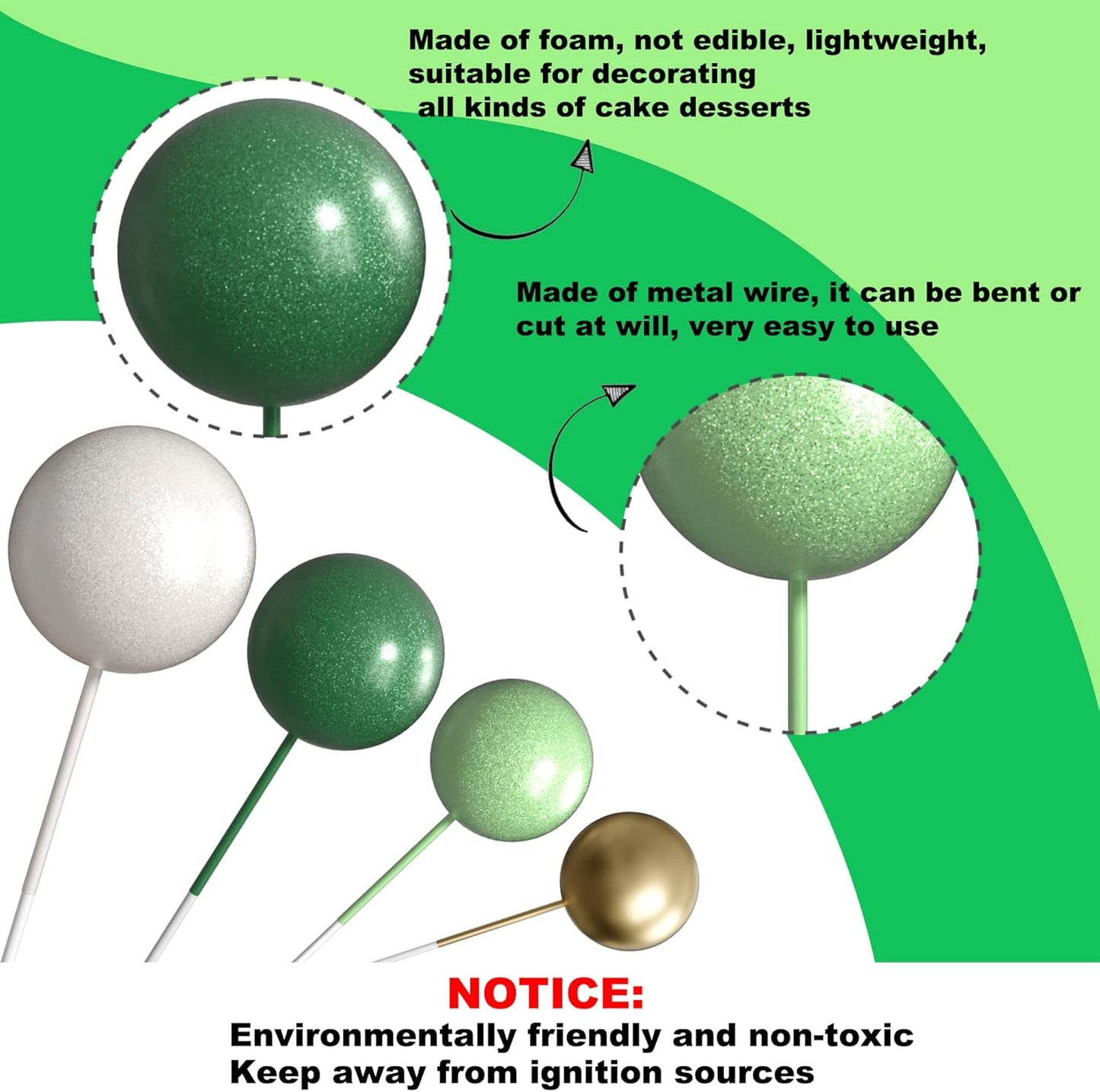 36 Pack Balls Cake Topper Decorations Foam Balloons Cake Decorations Mini Balloons Cake Toppers Balls Cake Picks for Baby Shower Wedding Anniversary Birthday Party Decorations Light Green White Gold