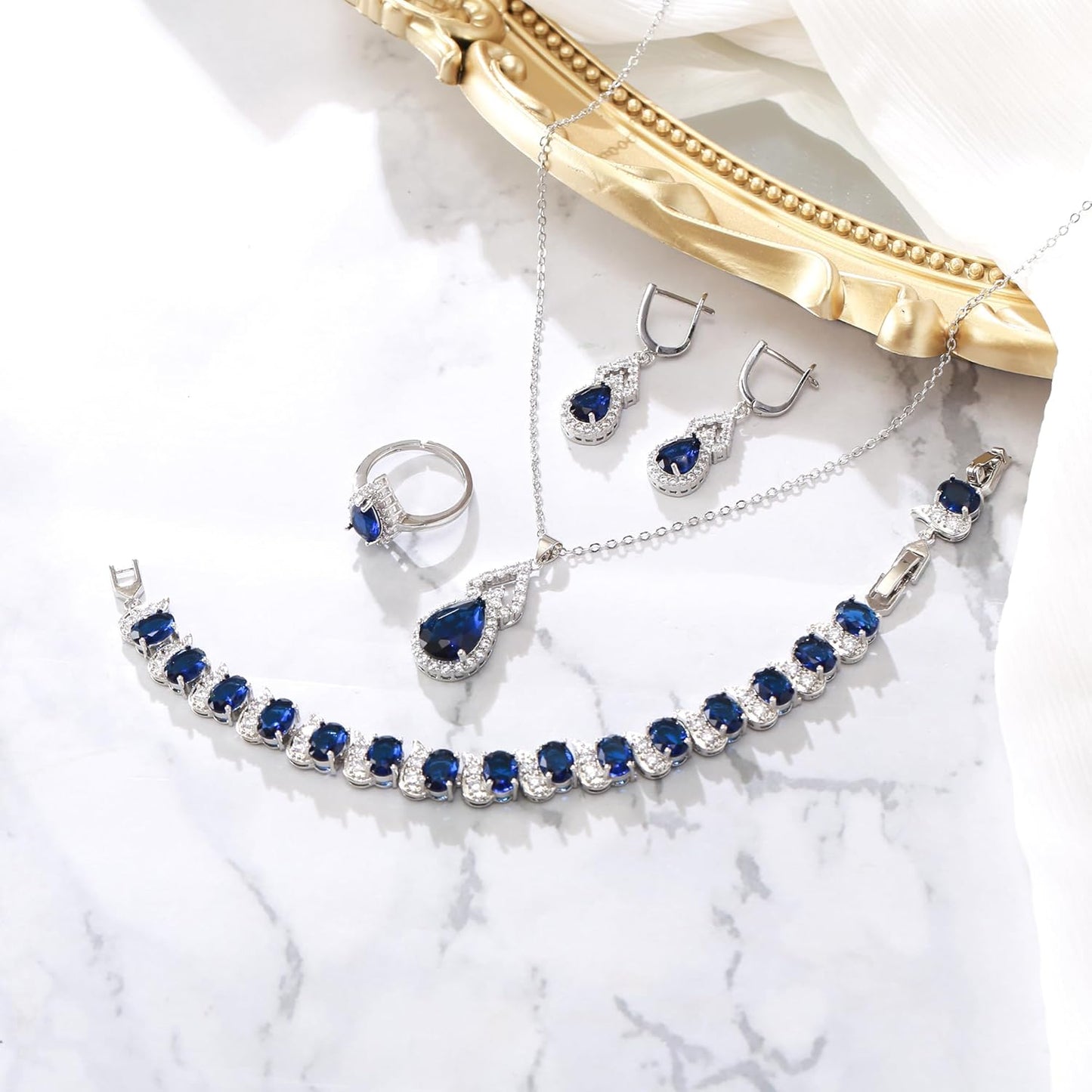 BriLove Wedding Jewelry Set for Women Bride Bridesmaid, Gorgeous Cubic Zirconia Teardrop Necklace Earrings Bracelet Adjustable Ring Jewelry Gift for Birthday/Anniversary/Mother’s Day