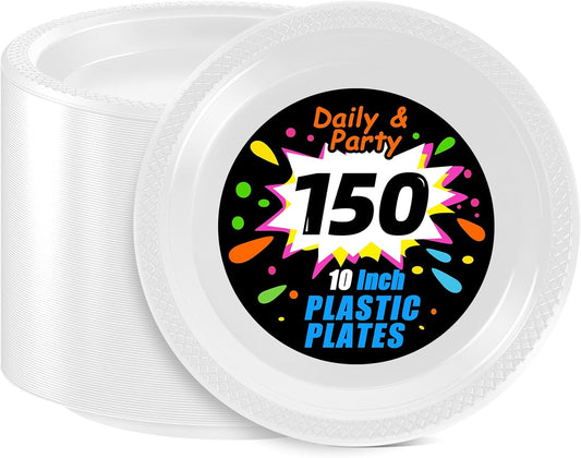 WELLIFE White Plastic Plates 10 Inch -150 Count for Party, Disposable Plastic Party Plates for Wedding Dinner Birthday Engagement