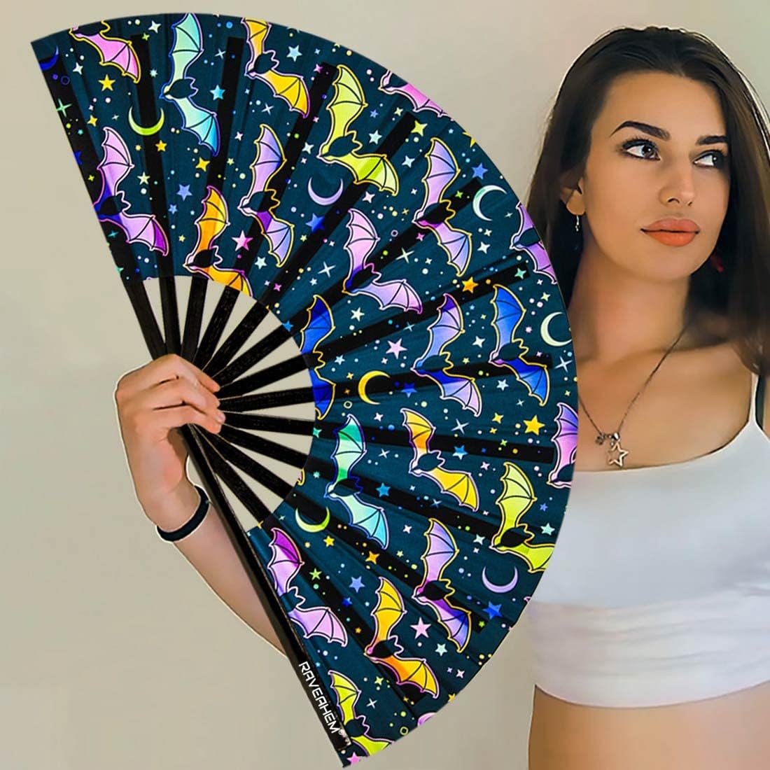 UV Glow Rave Fan, Bamboo Folding Clack Hand Fan for Men Women (Multicolored Bats, Large 13")