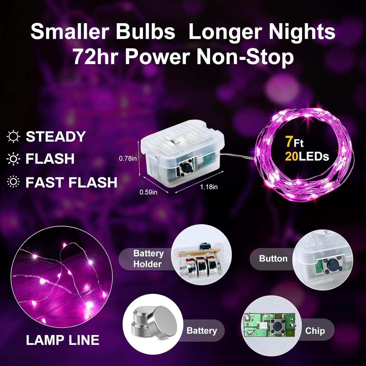 Aogist 24 Pack Fairy Lights 3 Modes 7ft 20 LED Waterproof,Battery Operated Silver Wire Firefly Starry Moon Mini String Lights for Mason Jars Christmas DIY Crafts Wedding Party Bedroom,Pink