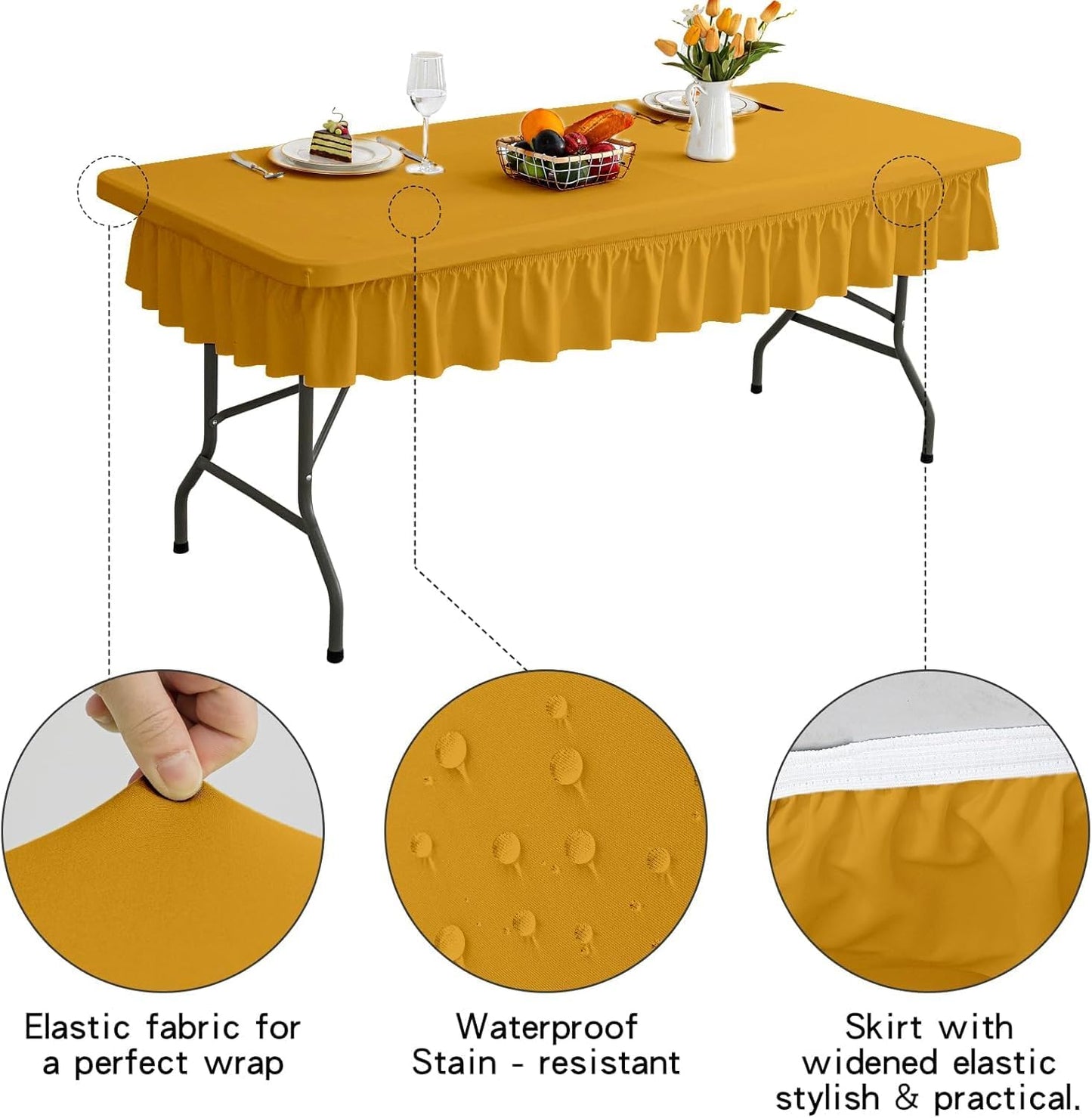 4ft Golden Yellow Stretch Tablecloth for Rectangular Tables - Flared Wrap Design, Waterproof, Wrinkle-Resistant, Washable - Ideal for Weddings, Parties, Banquets & Table Protection