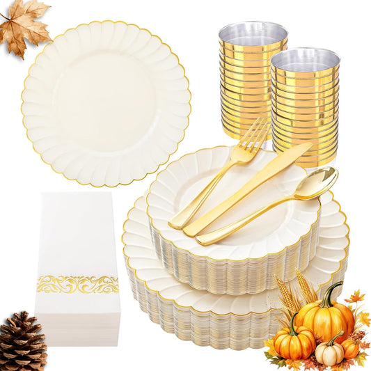 YOUBET 175PCS Ivory Scalloped Plastic Plates - Gold Disposable Dinnerware Set Include 50 Plates, 75 Gold Silverware, 25 Cups, 25 Napkins for Party & Wedding & Thanksgiving