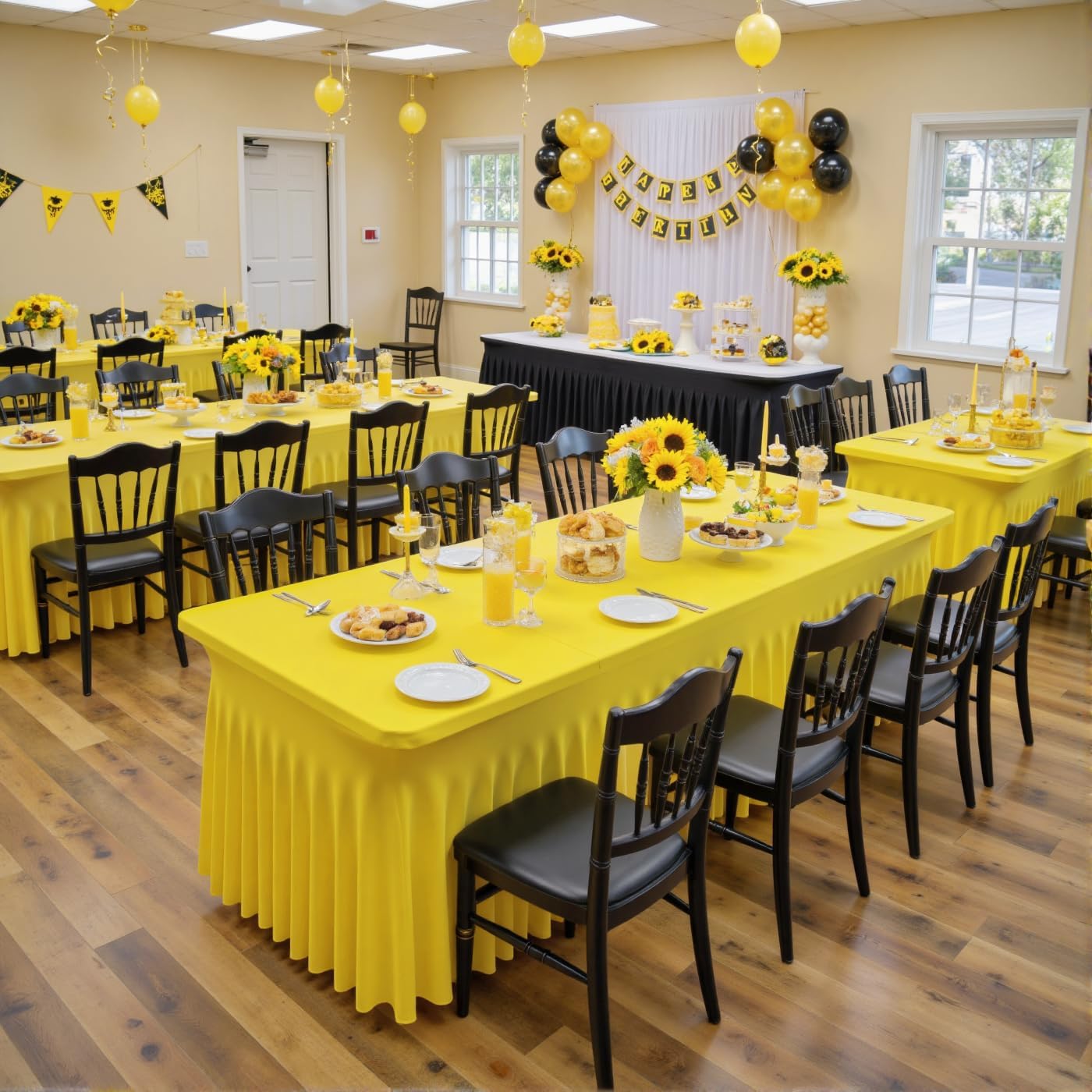 2 Pack Yellow Spandex Table Clothes for 8 Foot Rectangle Tables, Wrinkle Free Lemon Fitted Tablecover 8ft Stretchy Tablecloths with Skirt for Parties Weddings Birthday Banquet Baby Shower