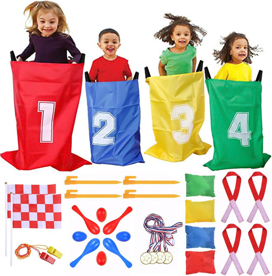GOLDGE 28 Piece Outdoor Games Kit for Kids, Includes Potato Sack Race Bags, Bean Bag Toss, 3 Legged Race Bands, Egg Spoon Relay, for Easter & Birthday Parties