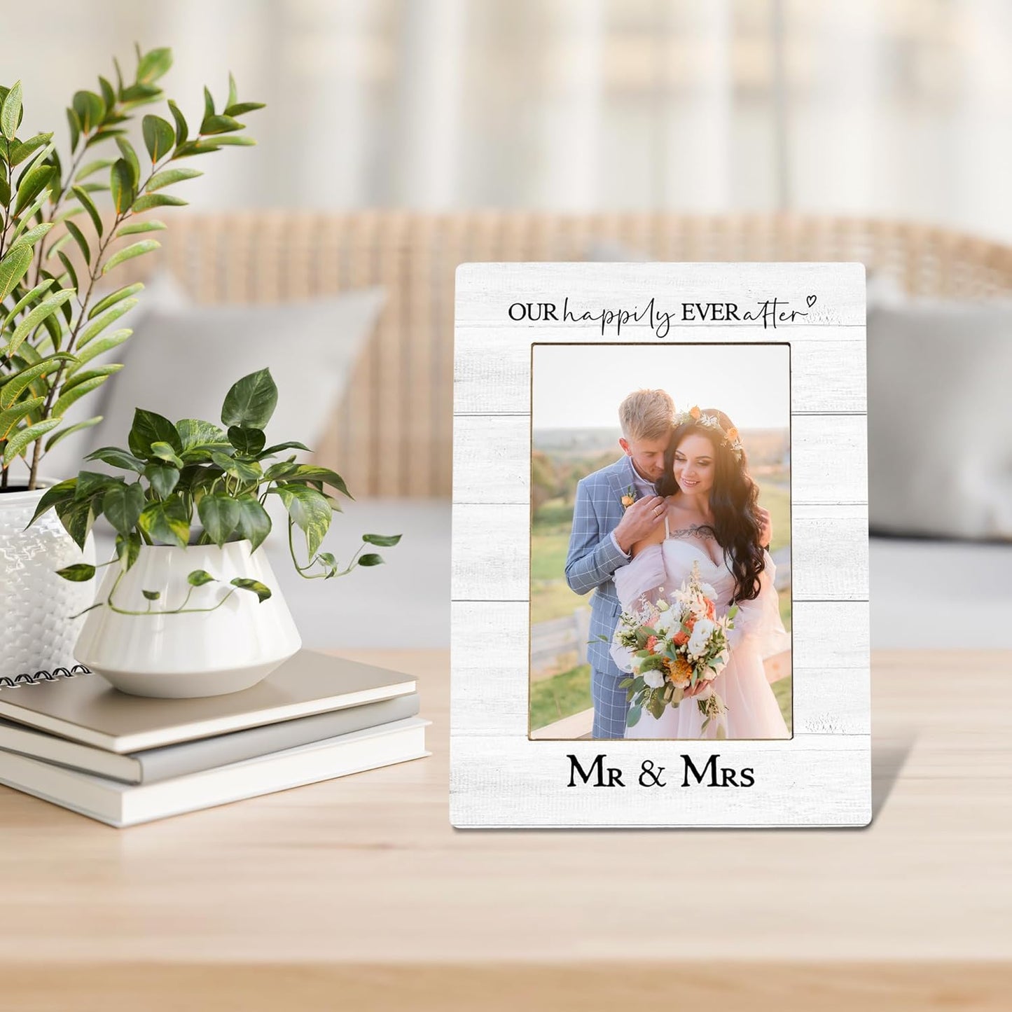 Wedding Picture Frame, Wedding Gifts for Couples, Our Happily Ever After Mr And Mrs Photo Frame 4X6, Bridal Proposal Gifts Engaged Engagement Wooden Photo Picture Frames for Desk Tabletop Decor