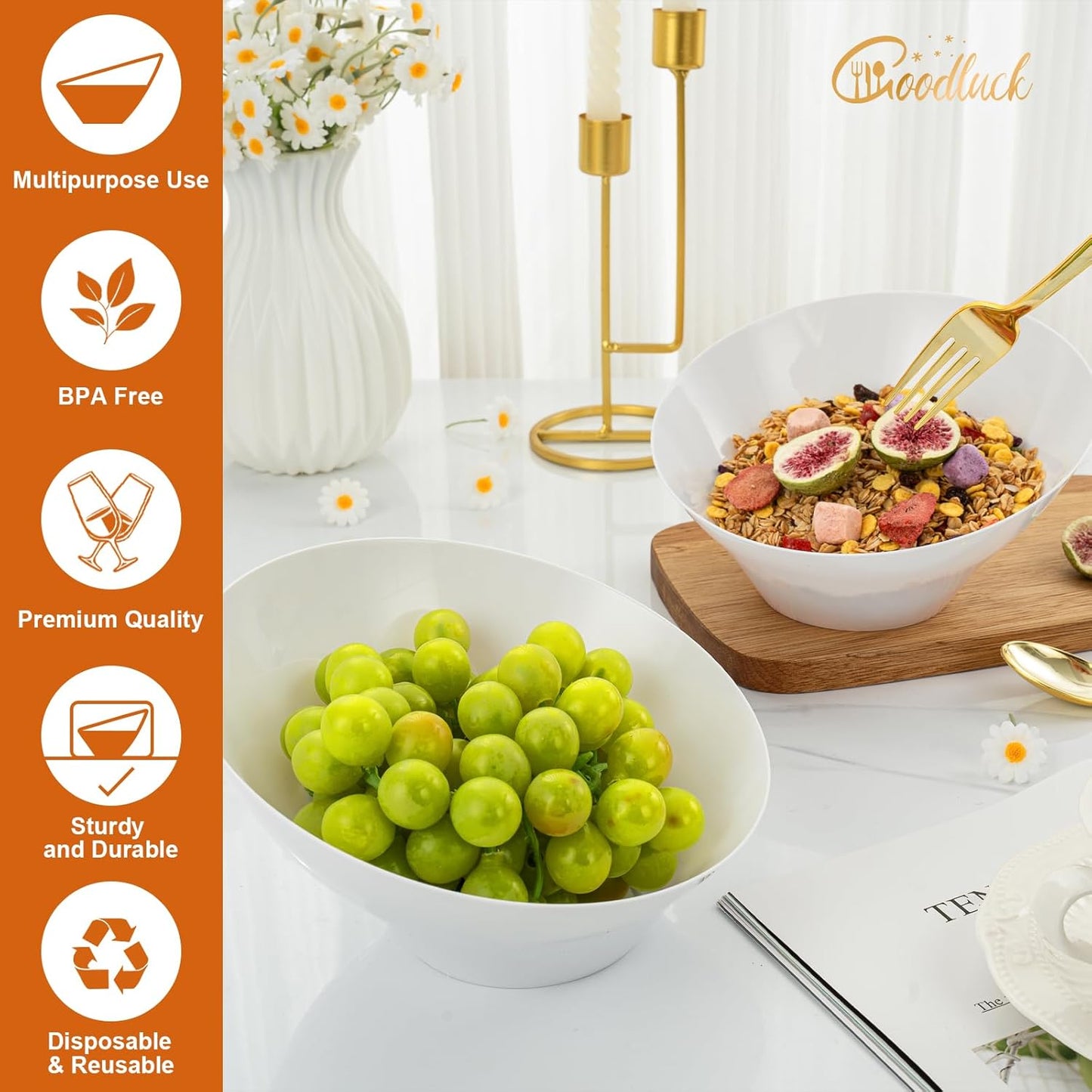 Goodluck 12 Pack White Plastic Serving Bowls for Party - 20 OZ Angled Disposable Serving Bowls for Wedding Party Chip, Candy, Salad & Fruit