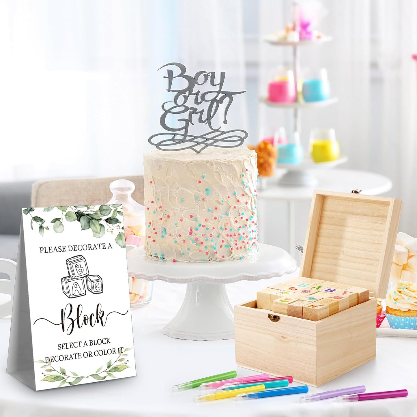 Marsui 136 Pcs Baby Shower Blocks to Decorate Game Kit Includes 98 Wooden Blocks, 36 Markers, 1 Game Sign, 1 Storage Box for Baby Shower Gender Reveal Activity Party Decorations(Leaf)