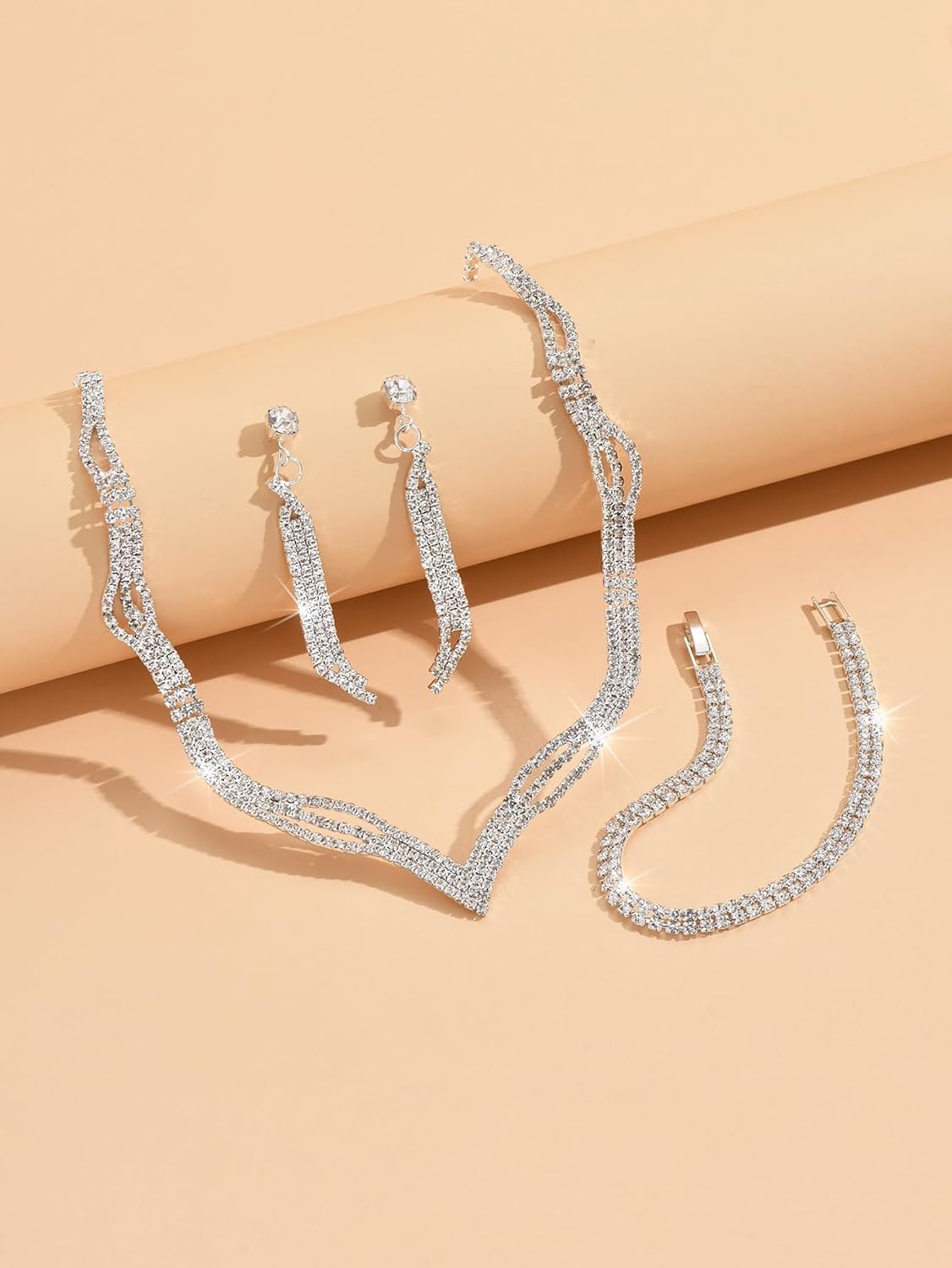 Prom Earrings Necklace Bracelet Set Elegant Crystal Rhinestone Necklace Earrings Bracelet Bridal Wedding Prom Dresses Costume Outfit Gold Jewelry Sets for Women