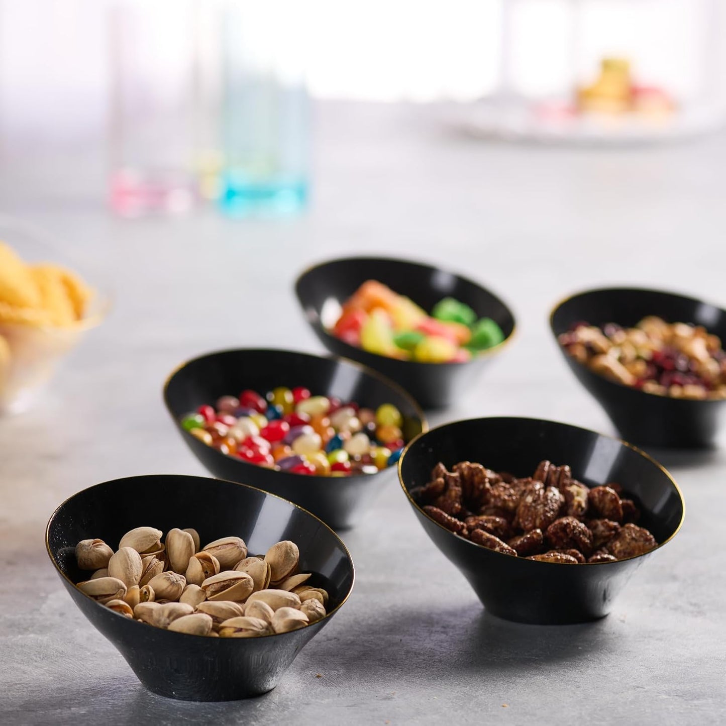 PLASTICPRO Angled Plastic Bowls Disposable Small Plastic Black Serving Bowls with Gold Rim for Party for Appetizer Salads Pack of 8