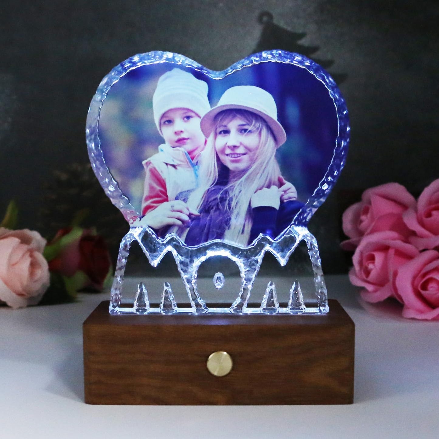 FANF&YKPY Gifts for Mother Personalized Custom Heart-shaped Crystal Photo frame, Gift for Mother, Mom, Wife, Women,Grandmother for Christmas, Mothers Day, Birthday, Wedding Anniversary