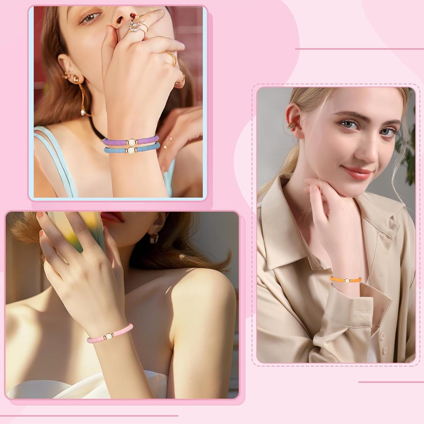 Preppy Bracelets Set Colorful White Gold Smile Heart Star Polymer Beaded Pearl Clay Stackable Charm Y2K Kidcore Aesthetic Summer Beach Bohemian Stretch Layering Bracelets Jewelry for Girls Women Teens